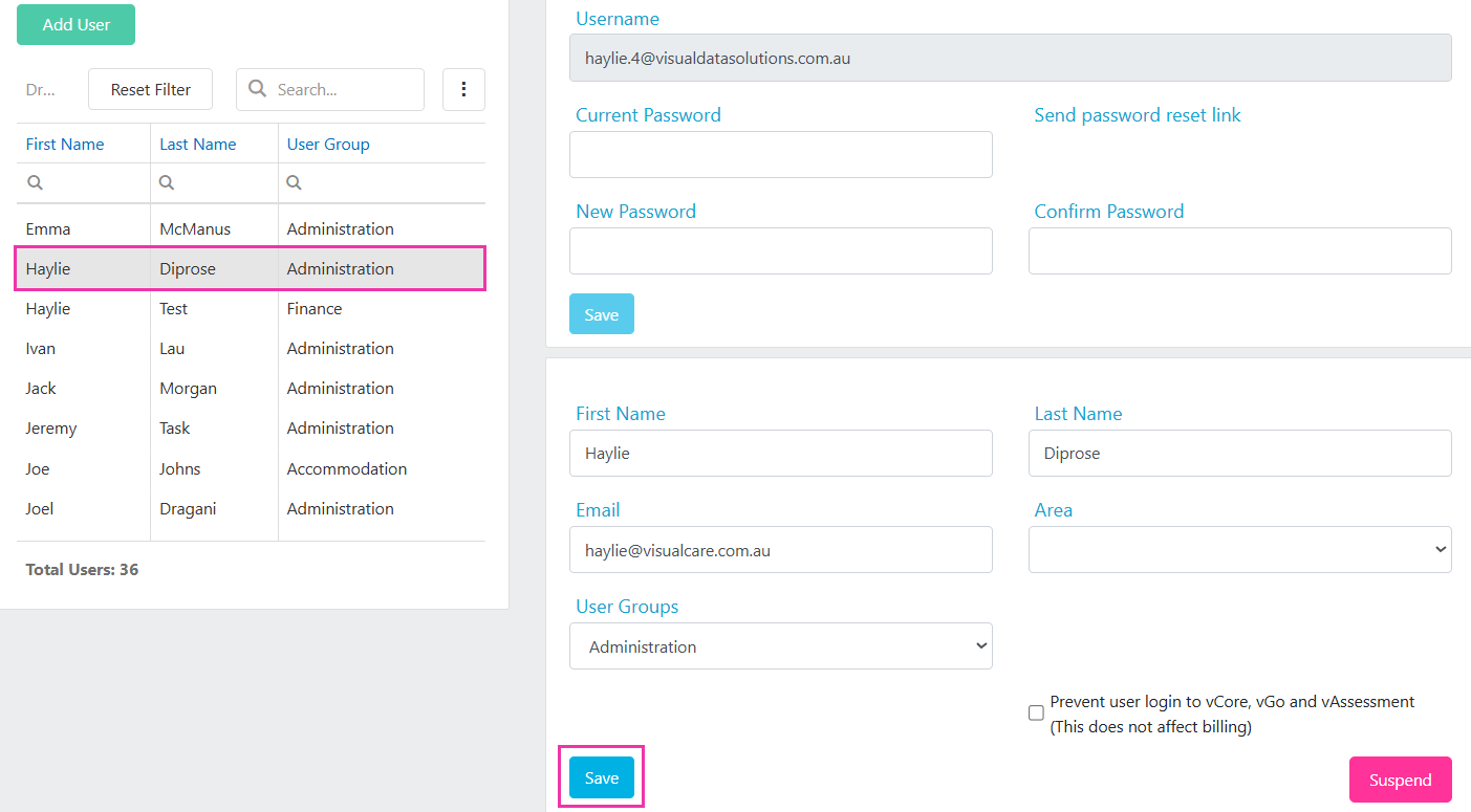User details panel showing editable fields on the right side of the Users page