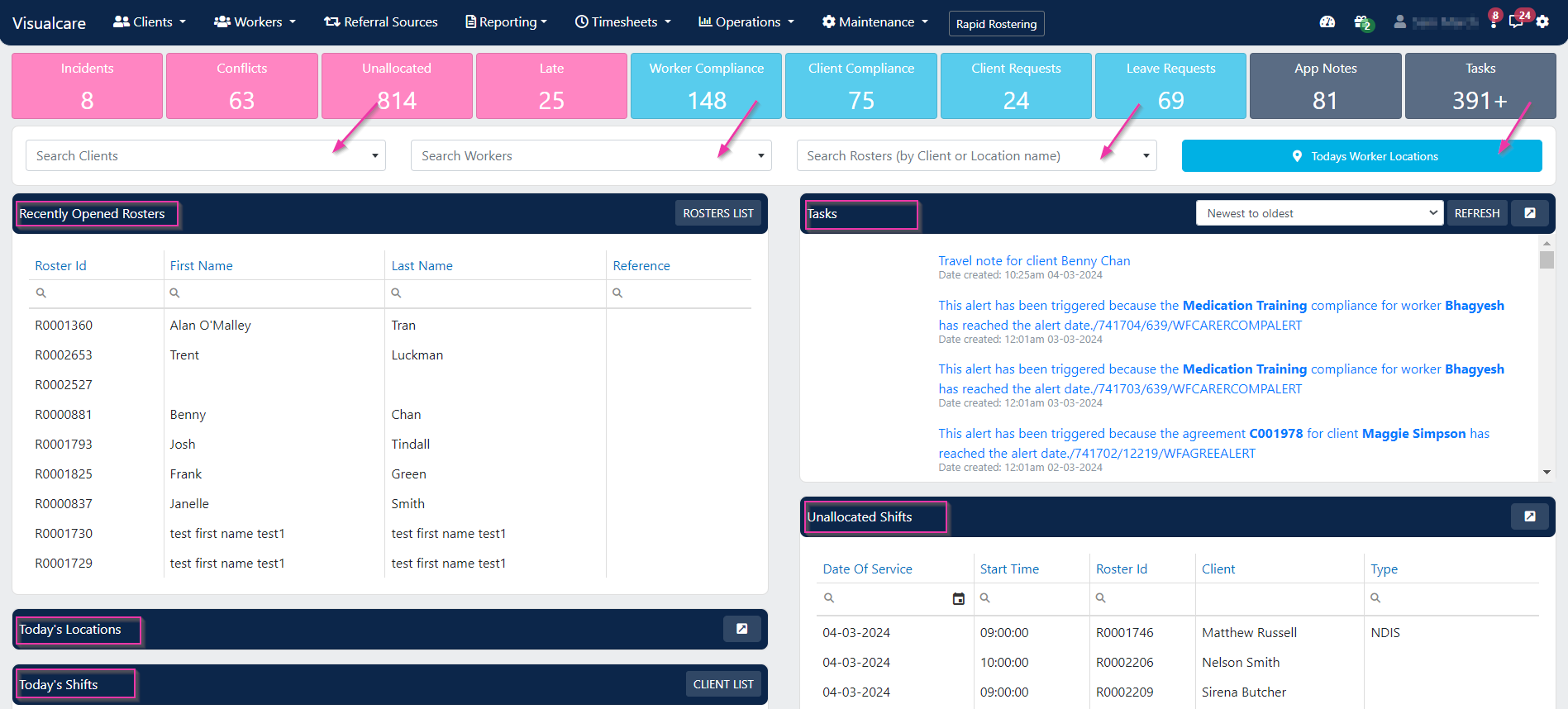 Quick access panels on the VCore home page