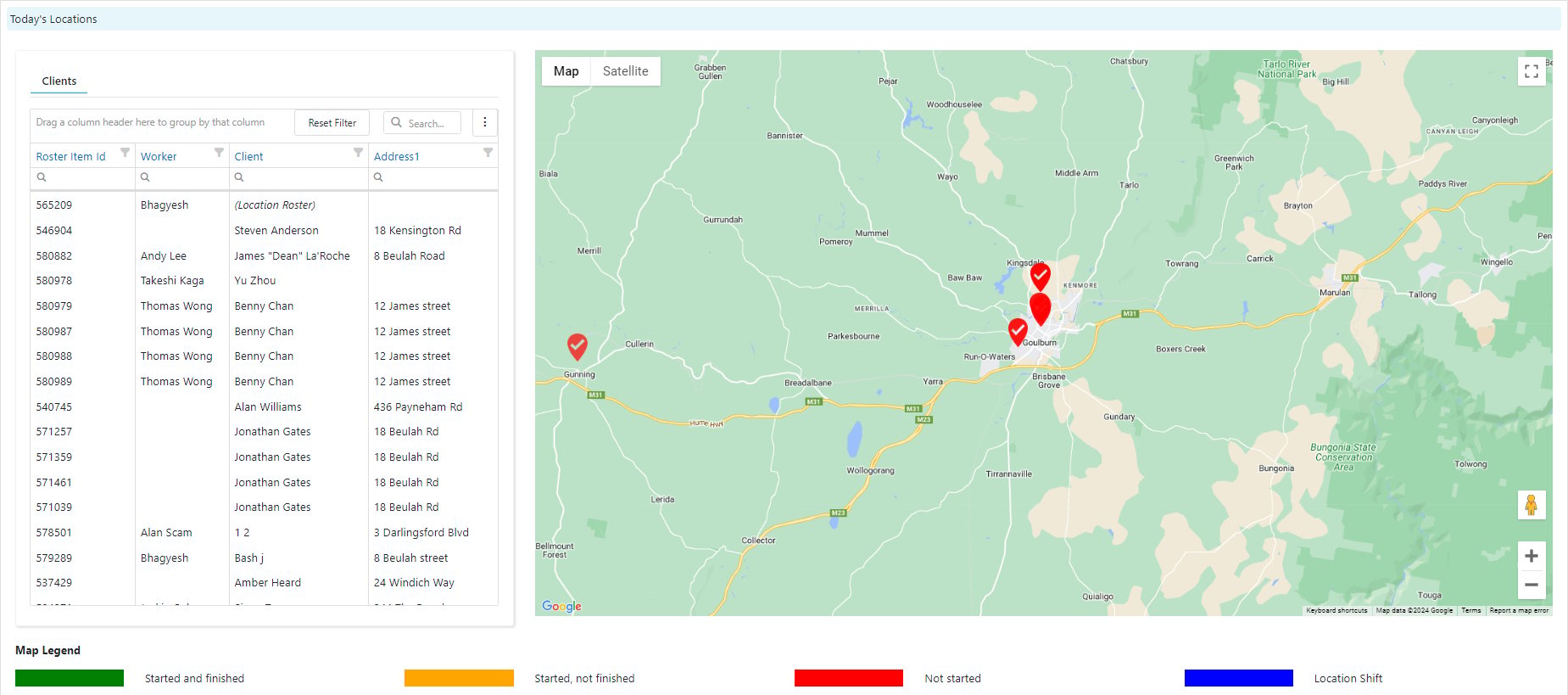Shift map showing colour-coded shift locations