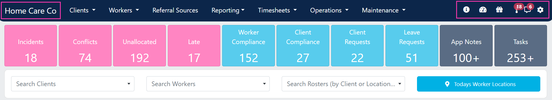Header icons in VCore showing information, KPI dial, gift box, and speech bubble icons
