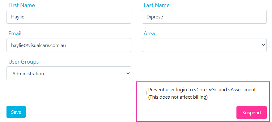 The Prevent user login checkbox on the user details panel