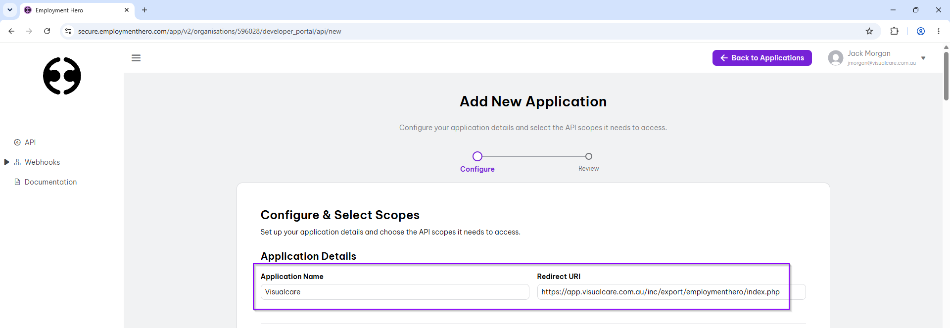 Enter the application name and redirect URI exactly as shown