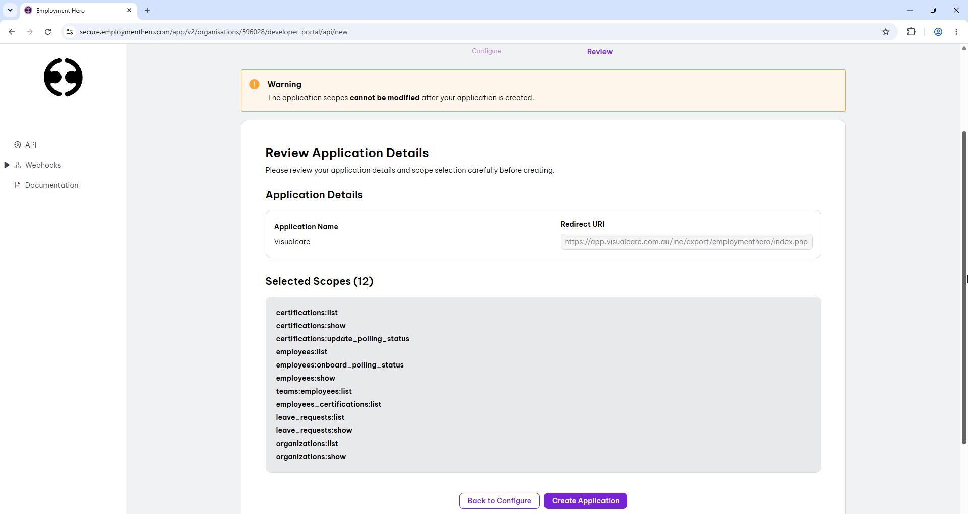 Review the application details and scopes before creating