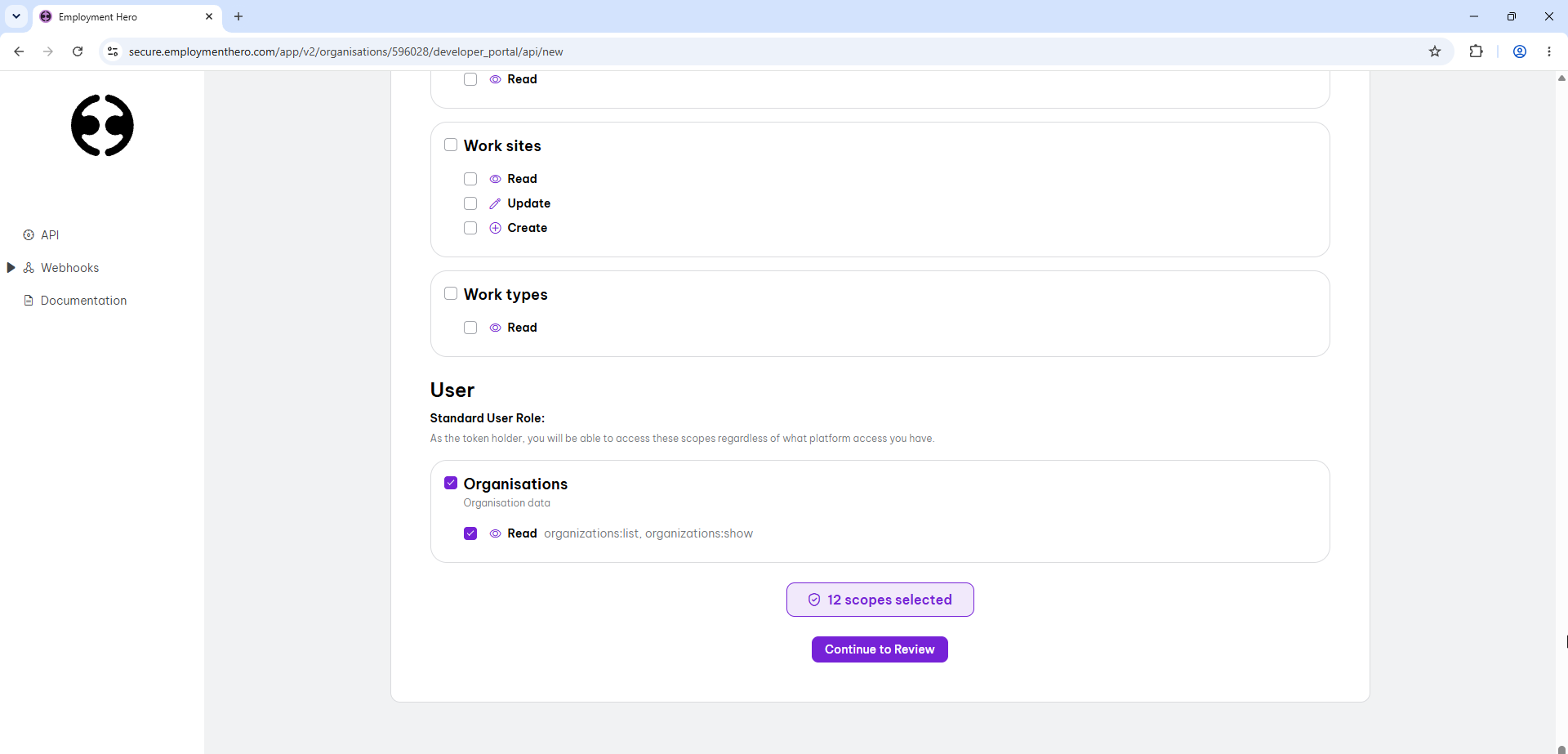 Tick Read under Organisations in the User section. You should see 12 scopes selected