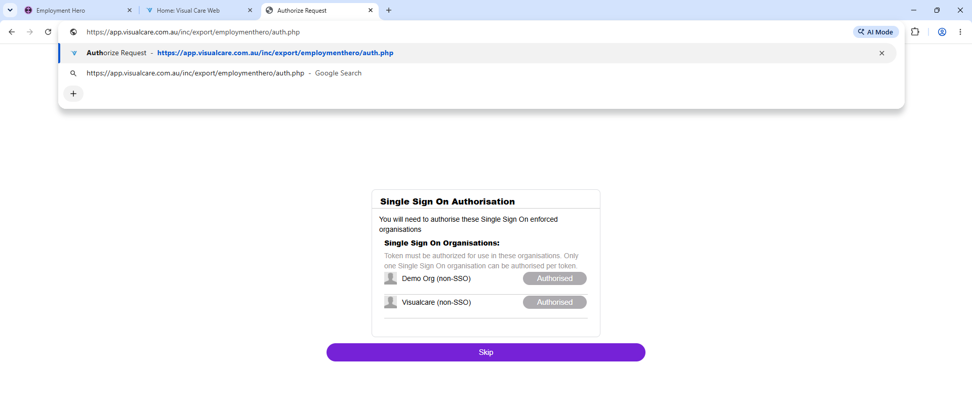 Click Authorised next to your organisation if prompted