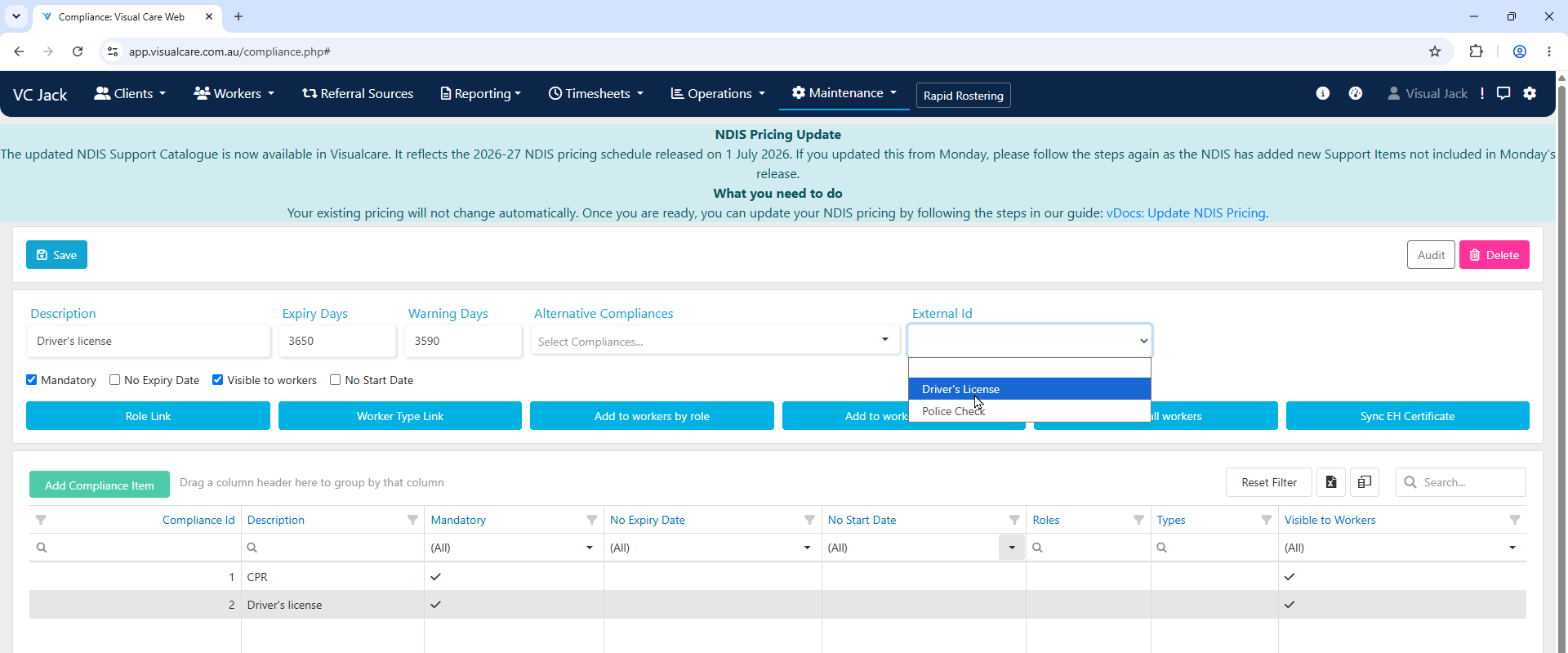 Select the compliance item, then choose the matching External ID from the dropdown
