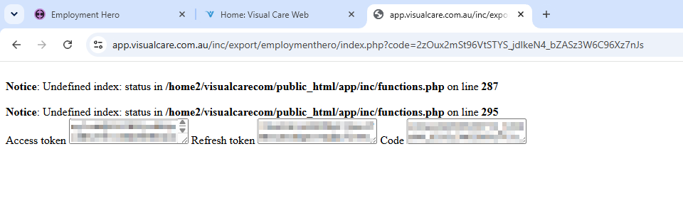 Copy the Access Token, Refresh Token, and Code