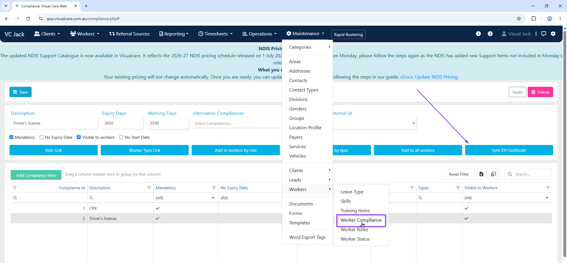 Navigate to Maintenance, Workers, Worker Compliance