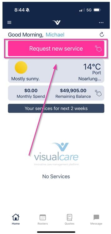 Request new service button on home page