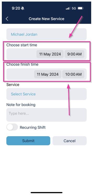 Start and finish time selection