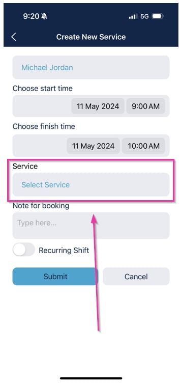 Service type and booking note
