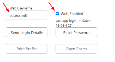 Worker profile showing Web Enabled and web username fields