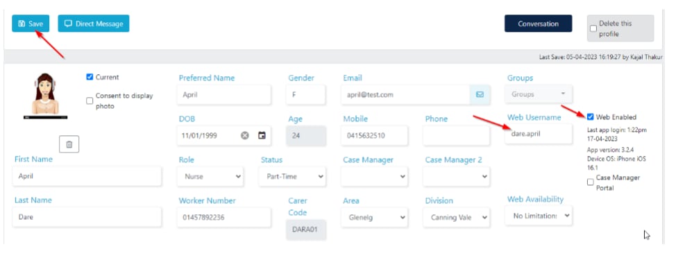 Worker profile setup with Web Enabled ticked