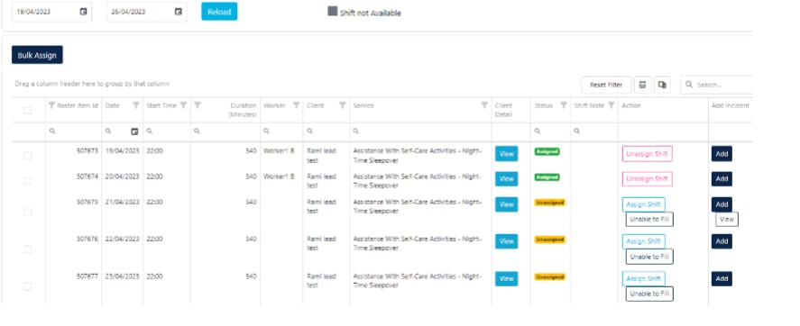vBroker home page showing assigned shifts