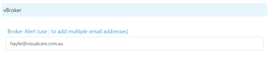 vBroker portal settings showing Broker Alert email field