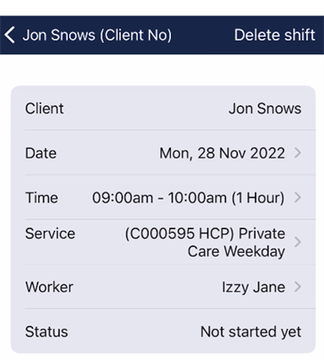 Edit shift details screen