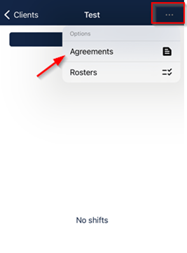 Agreements option in menu