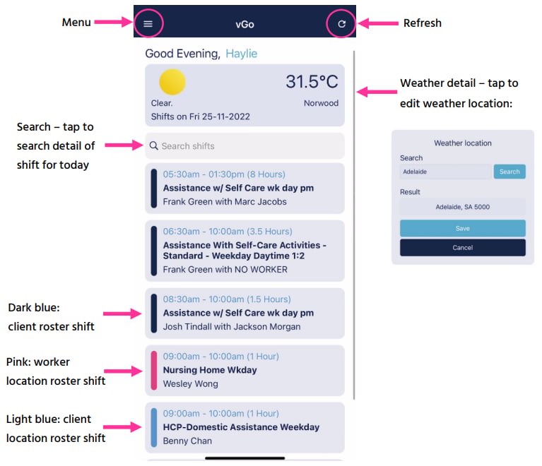 vGo home page with weather and daily shifts