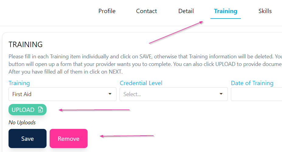 Training tab document upload