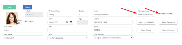 Worker profile setup in VCore showing web enabled and username fields