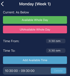 Availability editing screen with time ranges