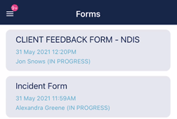 Forms list showing incomplete forms