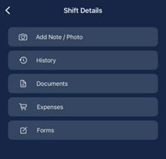 More menu showing Add Note/Photo, History, Documents, Expenses and Forms