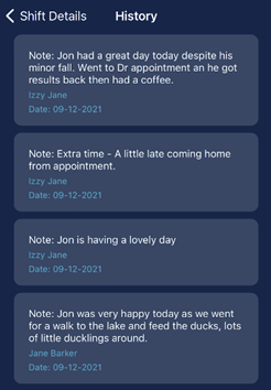 History view showing past client notes