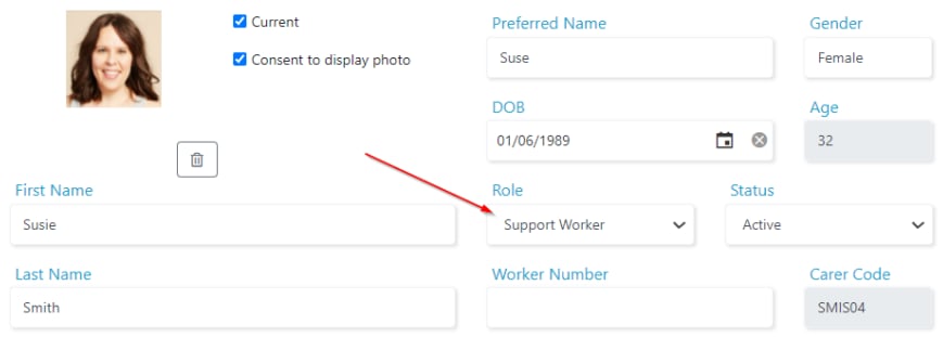 Selecting a role on the worker profile