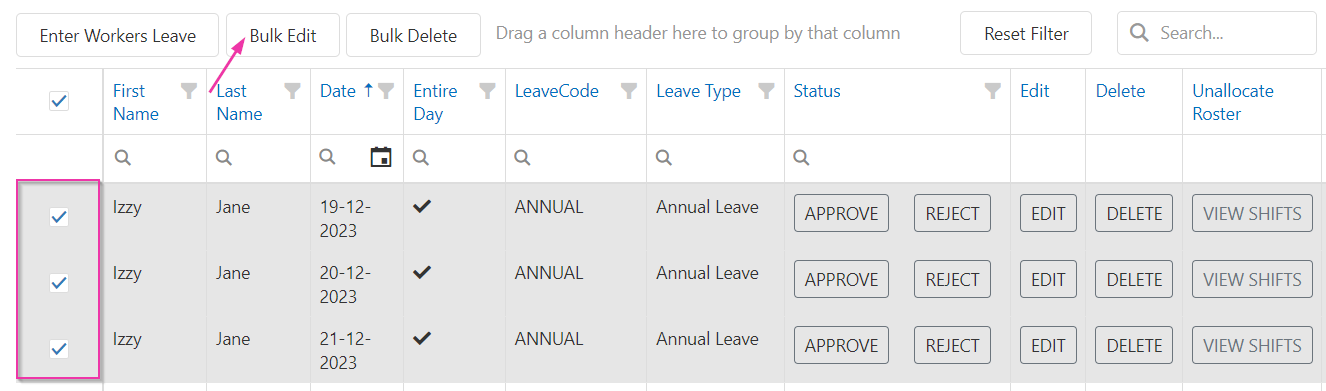 Bulk edit selection