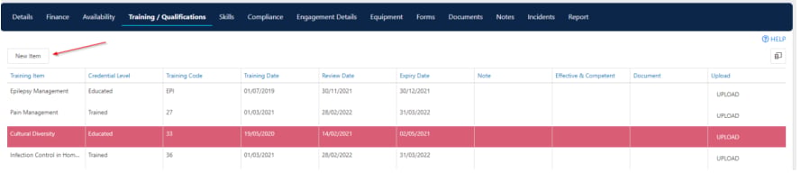 Training and qualifications tab