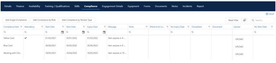 Worker compliance tab