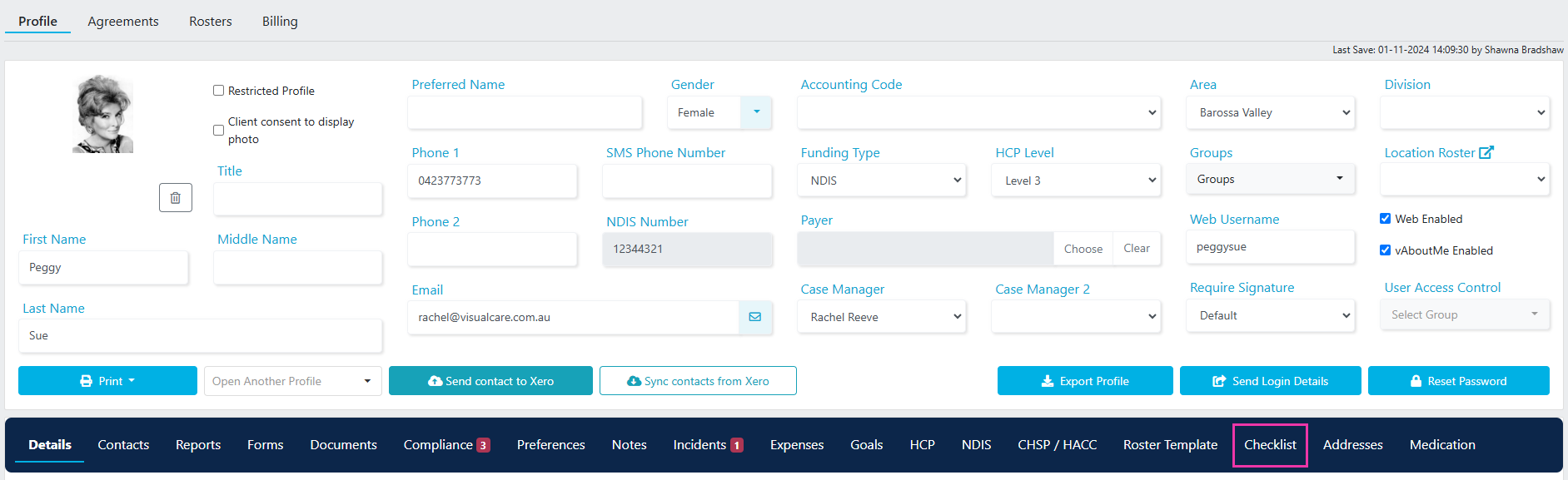 Checklist on a client profile