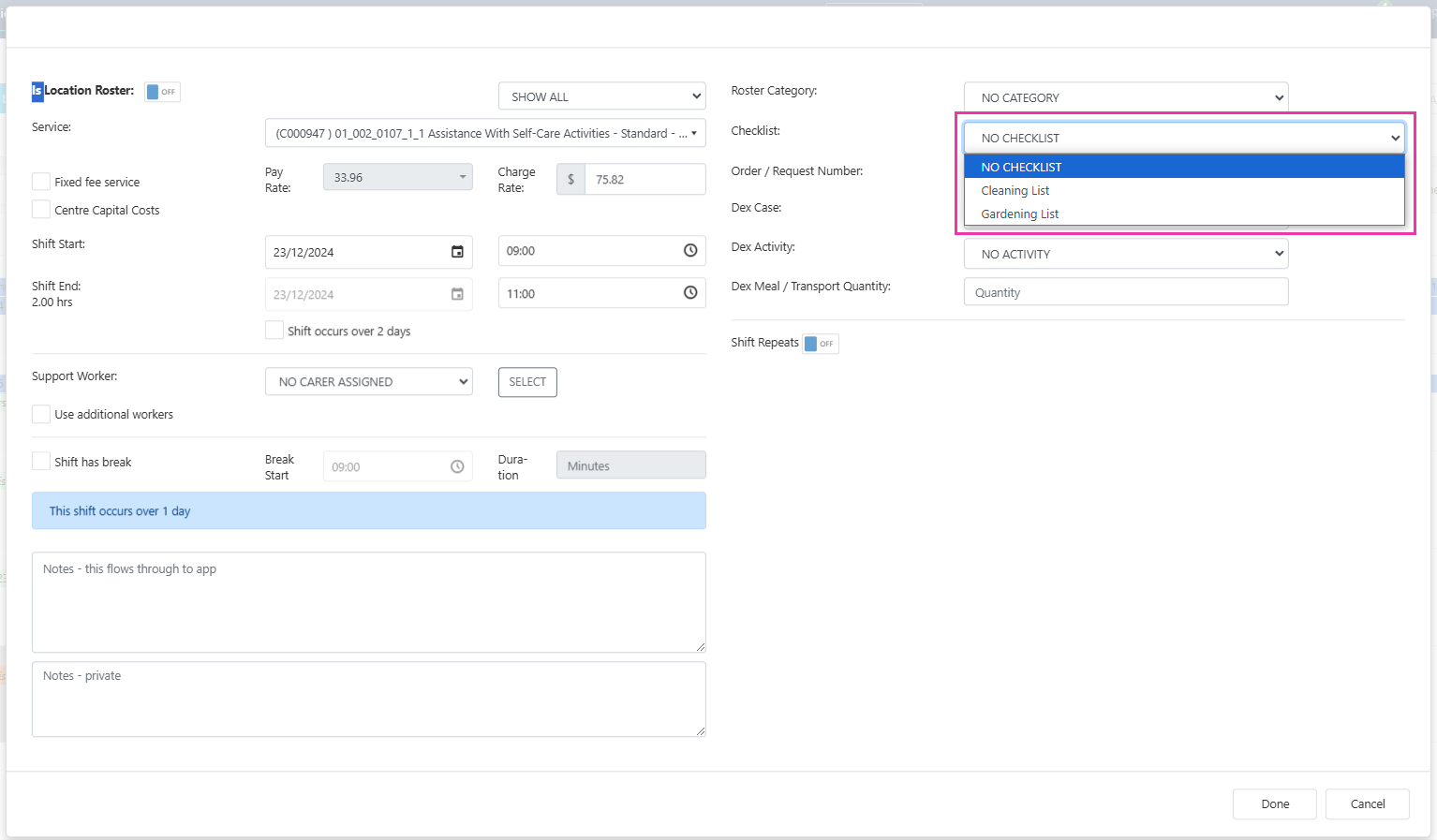 Checklist drop-down in roster