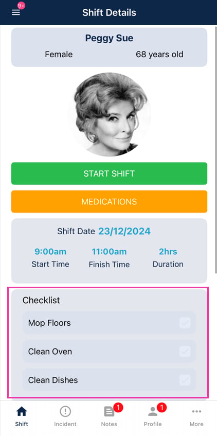Checklist on Vworker shift screen