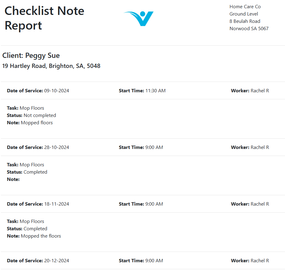 Checklist note report output