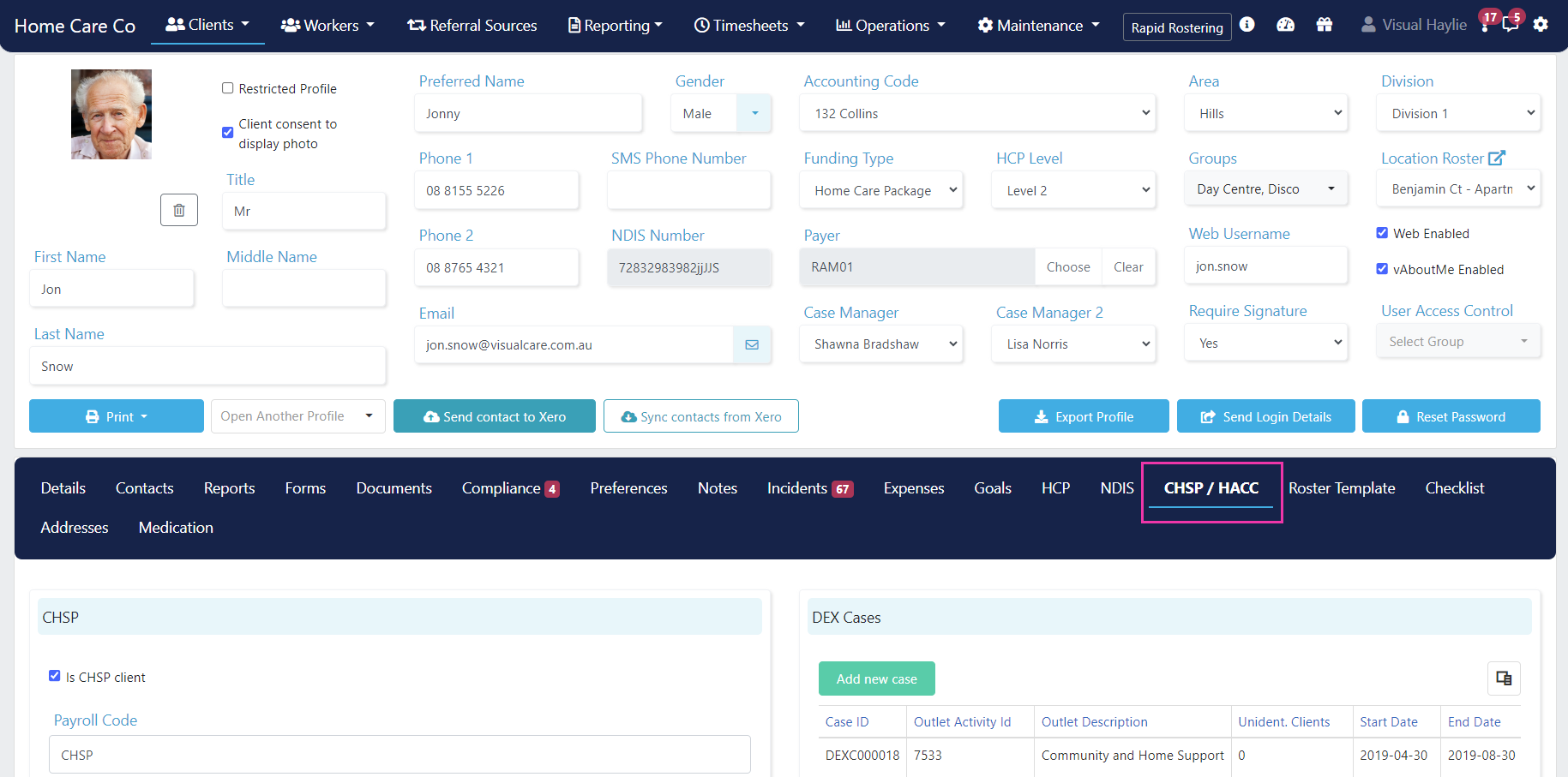CHSP/HACC tab on client profile