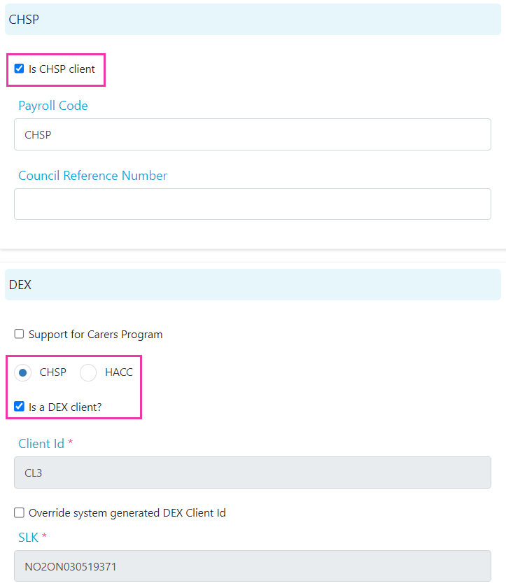 CHSP and DEX tick boxes