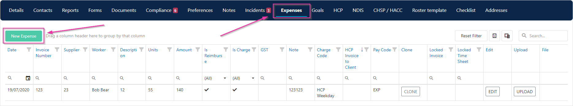 Expenses tab on client profile