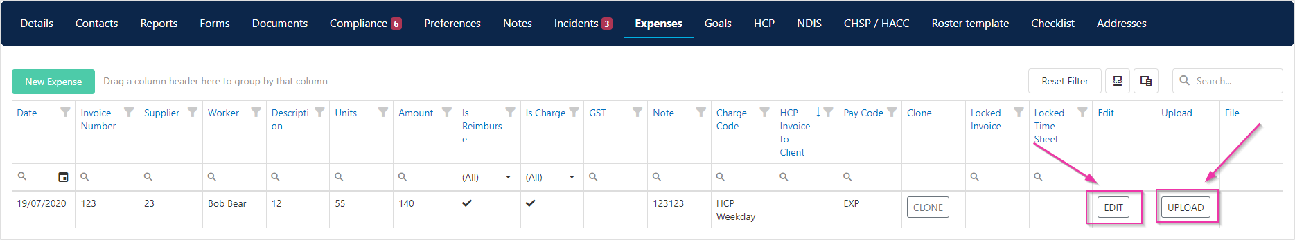 Expense with edit and upload buttons