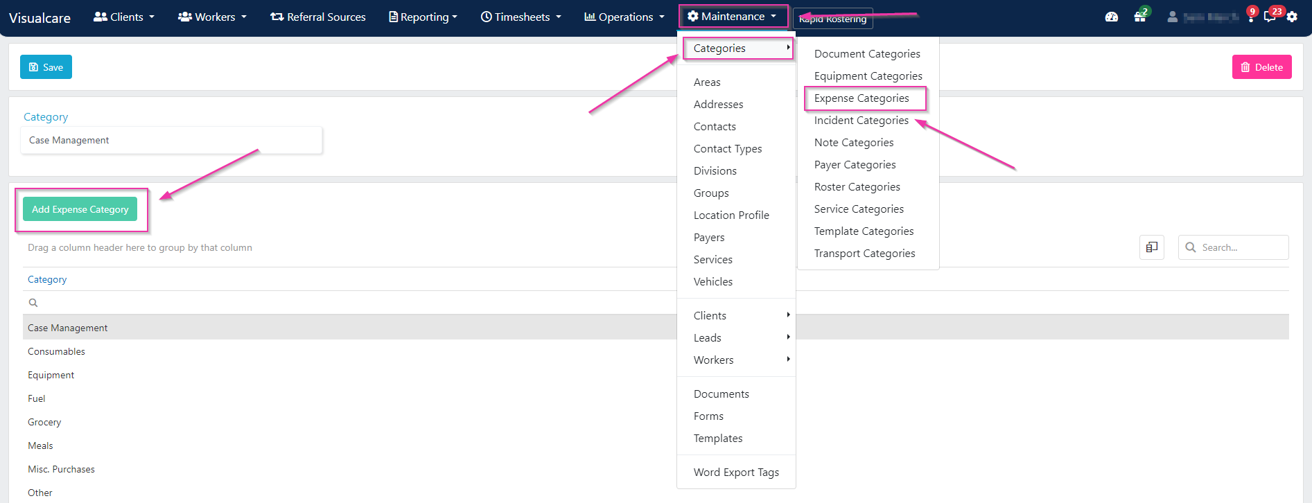 Expense categories in Maintenance