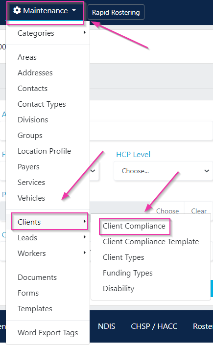 Client compliance in Maintenance menu