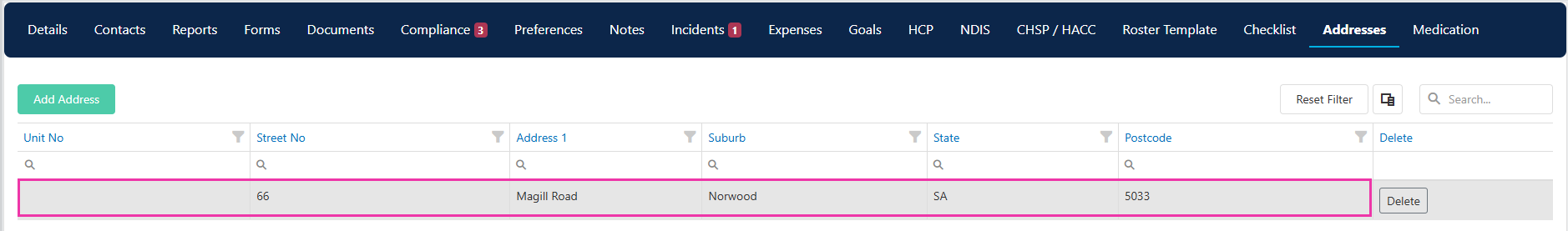 Address list with edit and delete options