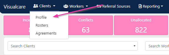 Clients drop-down menu