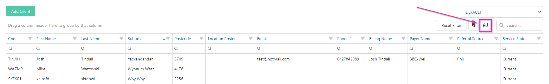 Column chooser button on client list
