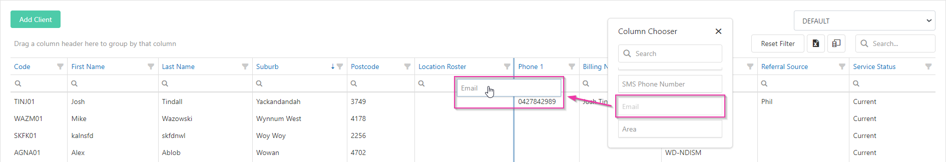 Column chooser with draggable fields