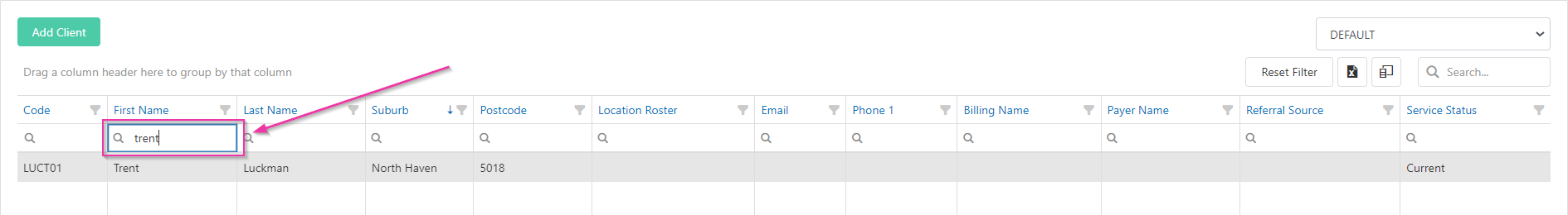 Inline search fields under column headings