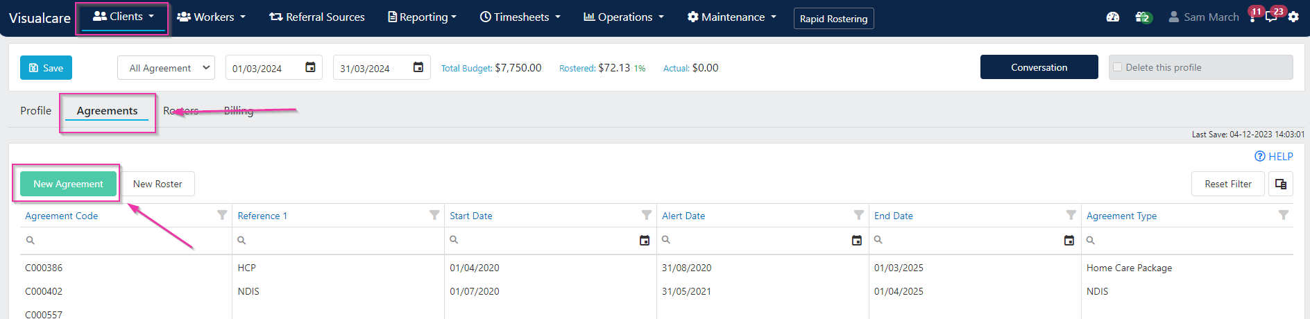 New agreement button on agreement tab