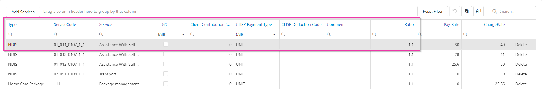 NDIS activity type drop-down