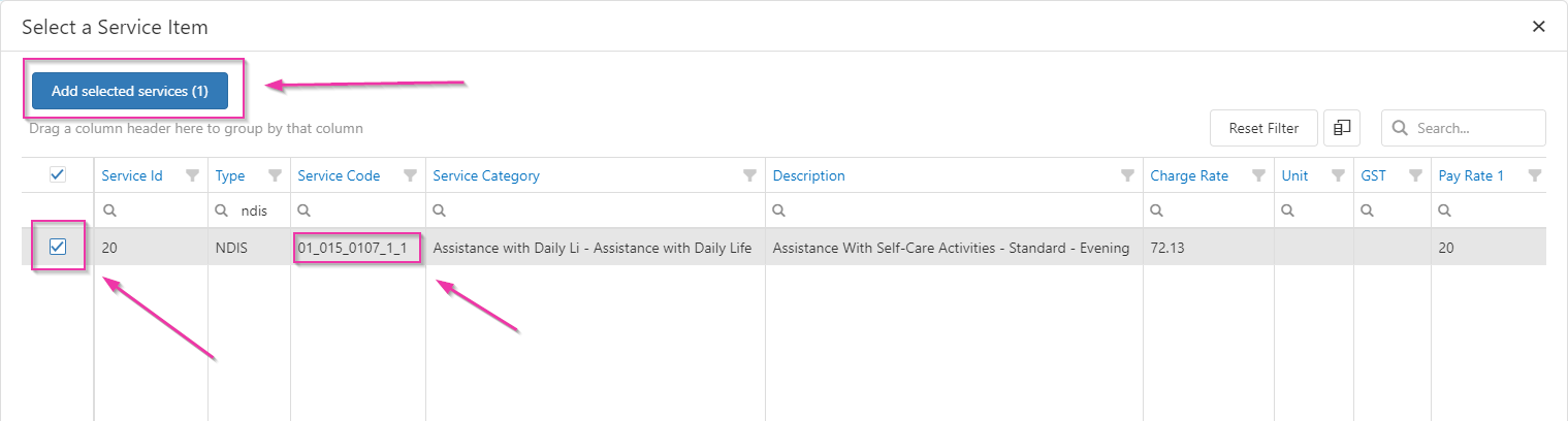 Add services dialog